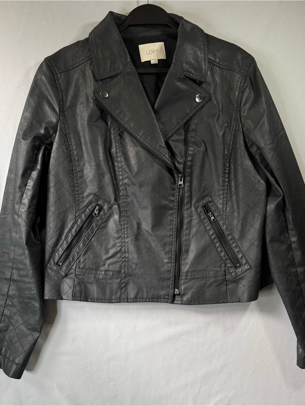 Ann Taylor LOFT Women’s Black Waxed Cotton Moto Biker Jacket, Sz L